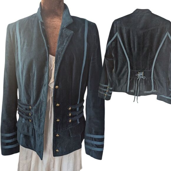 Together Cotton Velvet Military Blazer With Teal Trimming Size Golden Buttons - Picture 4 of 16